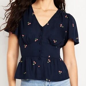 Navy Blue Cherry Button Up Top